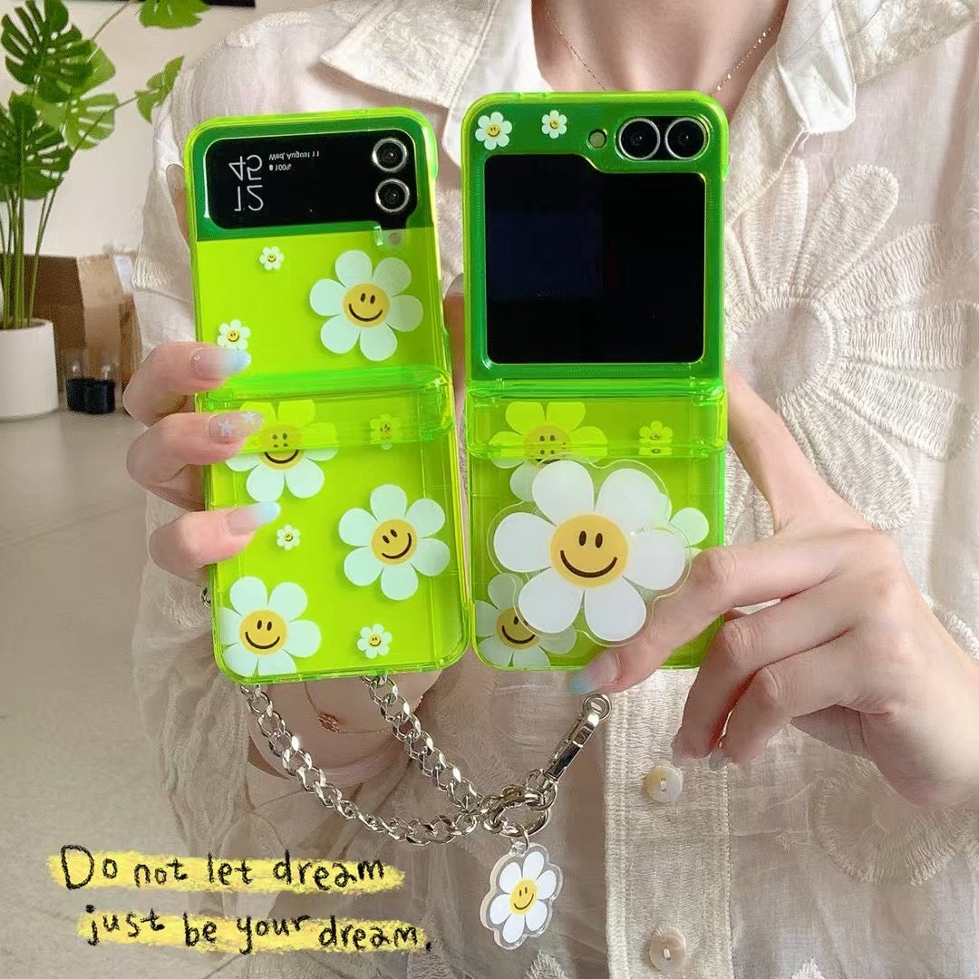 Green Smiley Daisy Samsung Z Flip Case – Clear Floral Cover with