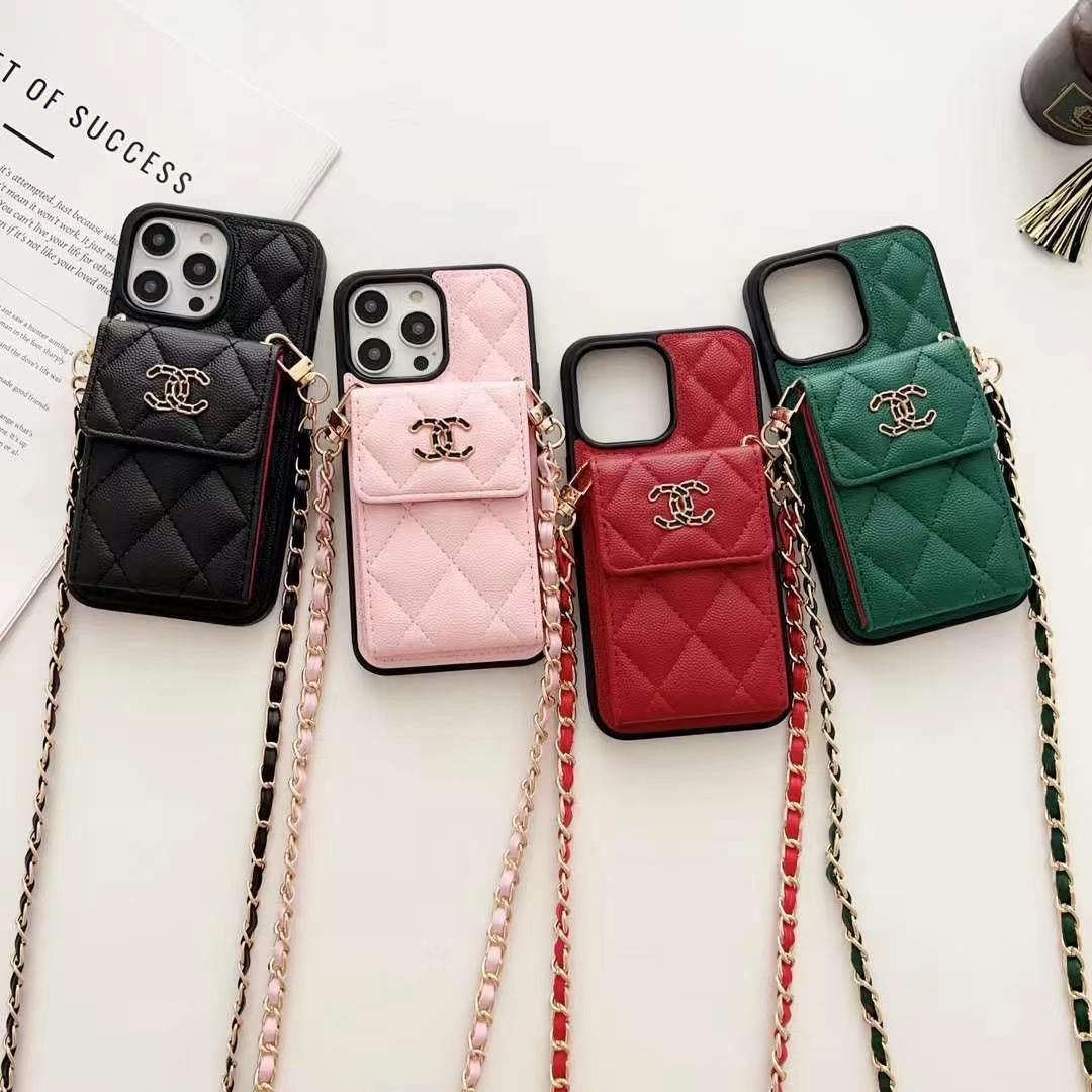 Luxury Branded Leather Quilt Wallet Case For iPhone With Sling