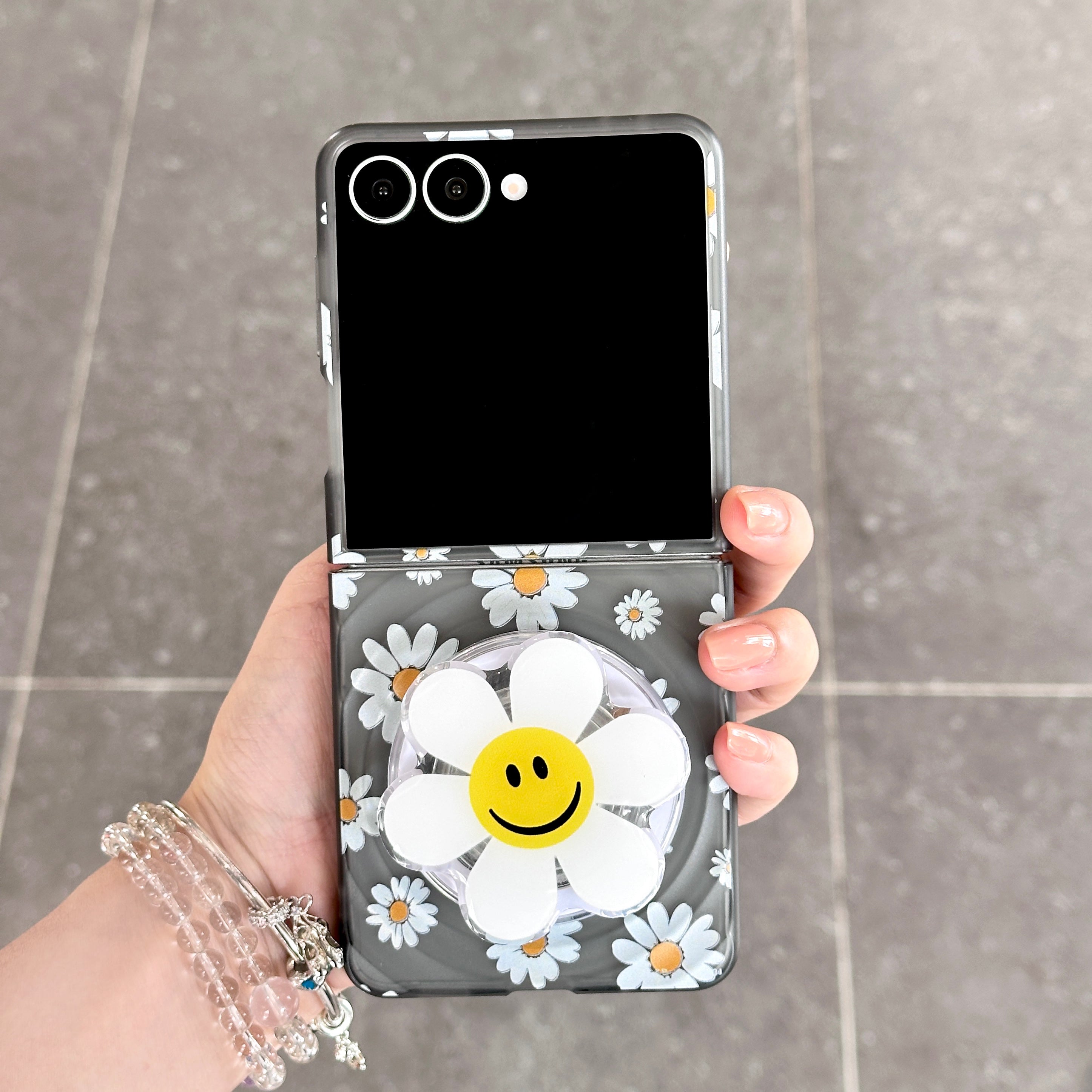 Daisy Smile Flip Case with Holder & Beaded Strap – For Samsung