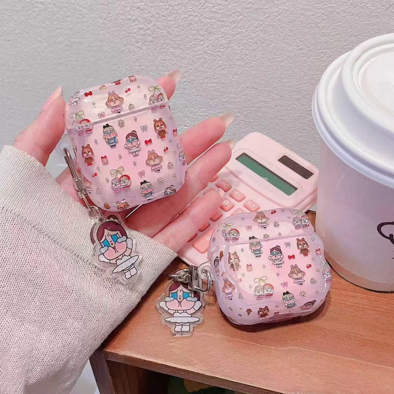 Pink Cartoon AirPods Case with Keychain Charm – Kalakaar Indiaa