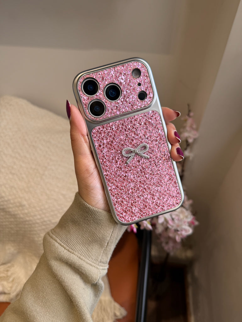 Pink Glitter Bow iPhone Case with Mirror Scrunchie Charm - Kalakaar Indiaa