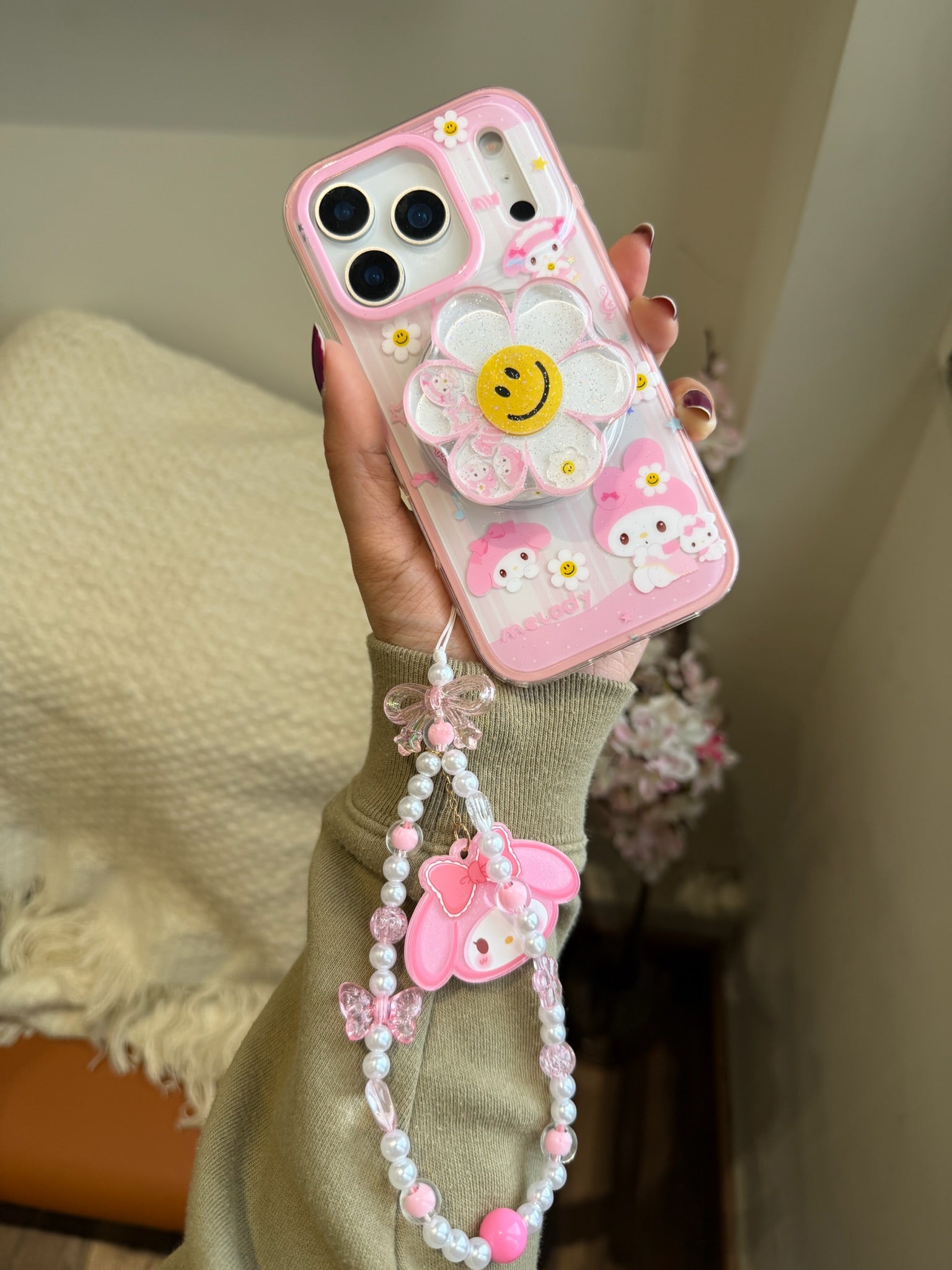 Cute Pink Flower MagSafe Holder iPhone Case with Pearl Strap – Aesthetic Cartoon Design - Kalakaar Indiaa