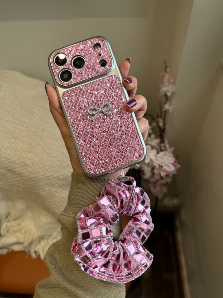 Pink Glitter Bow iPhone Case with Mirror Scrunchie Charm - Kalakaar Indiaa