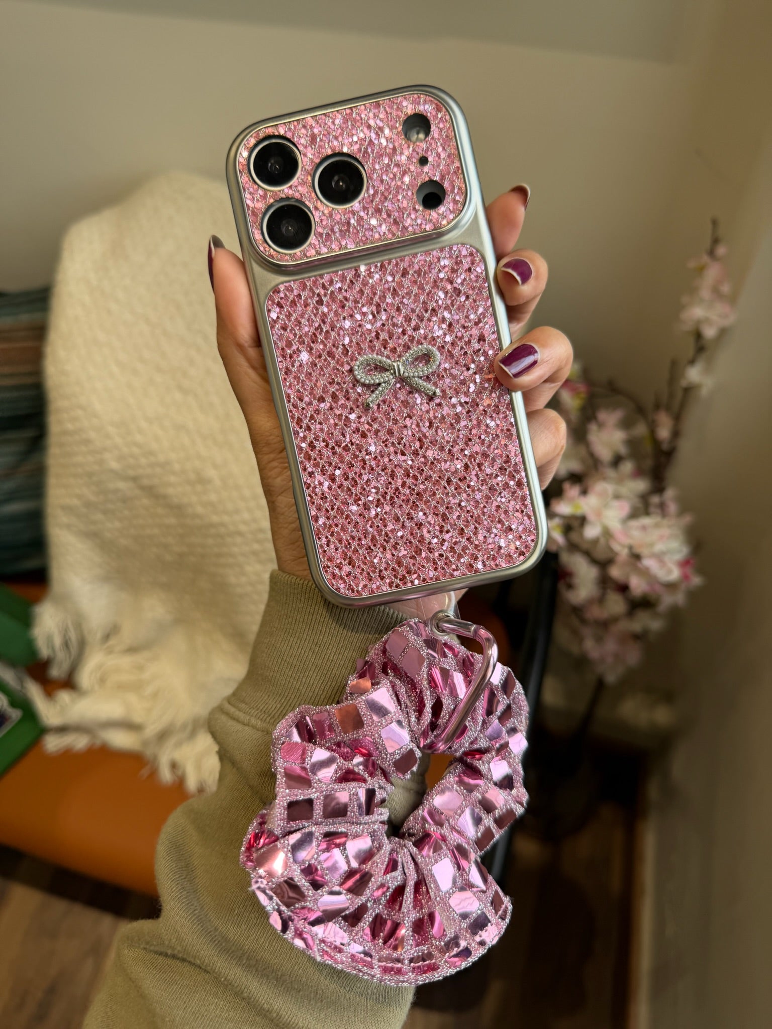 Pink Glitter Bow iPhone Case with Mirror Scrunchie Charm - Kalakaar Indiaa