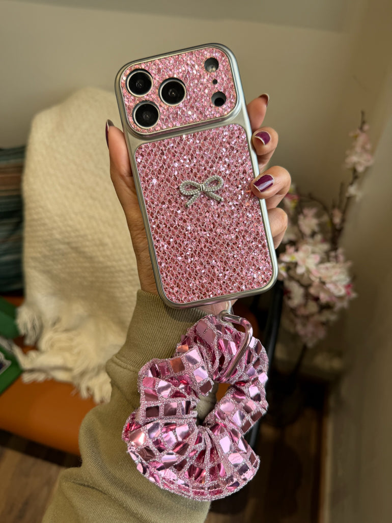 Pink Glitter Bow iPhone Case with Mirror Scrunchie Charm - Kalakaar Indiaa