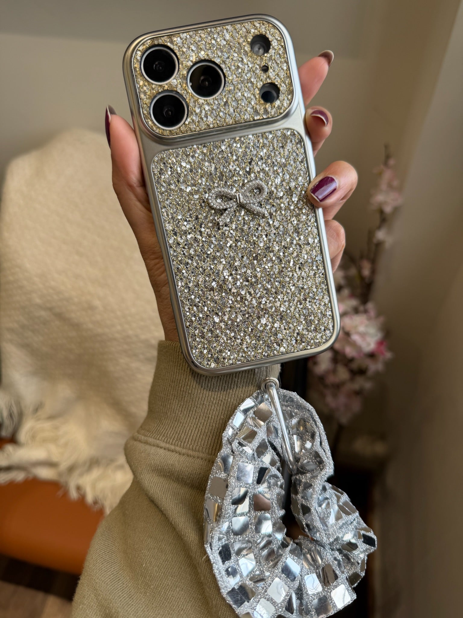 Luxury Glitter Bow iPhone Case with Scrunchie Charm – Sparkle Protective Cover - Kalakaar Indiaa