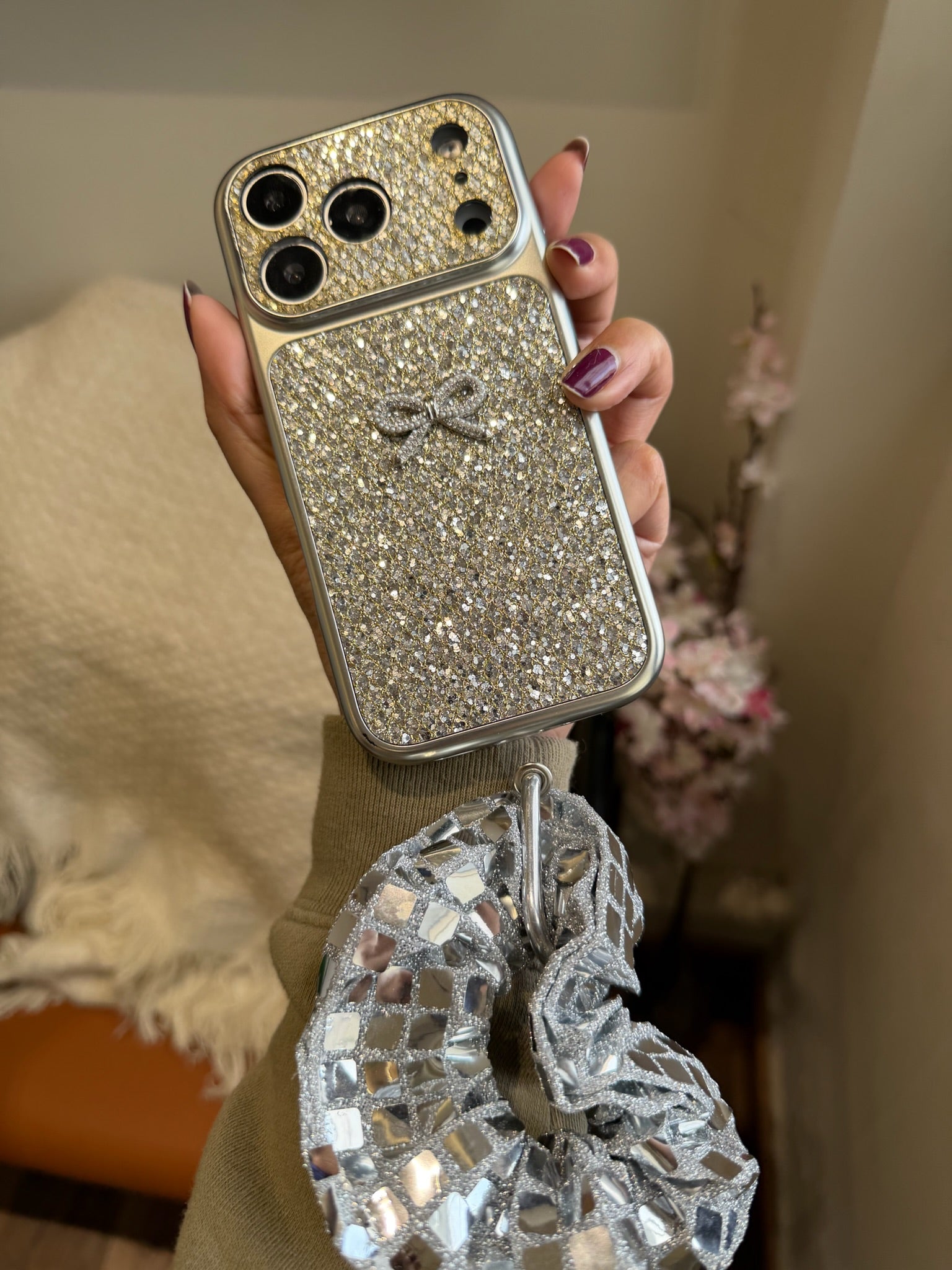 Luxury Glitter Bow iPhone Case with Scrunchie Charm – Sparkle Protective Cover - Kalakaar Indiaa