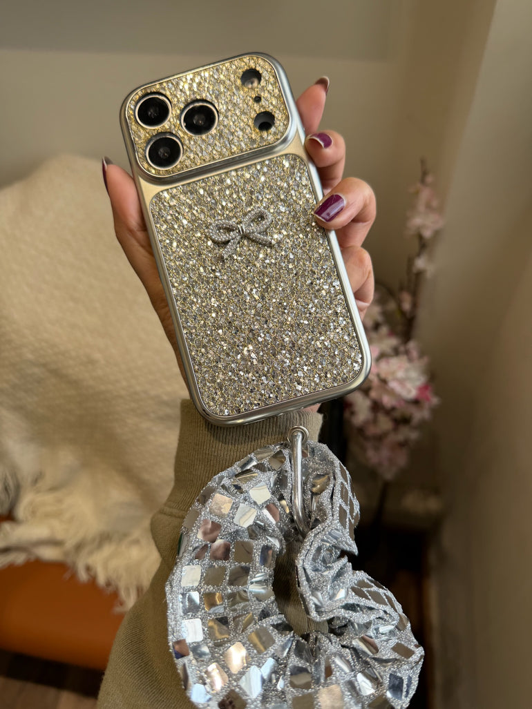 Luxury Glitter Bow iPhone Case with Scrunchie Charm – Sparkle Protective Cover - Kalakaar Indiaa