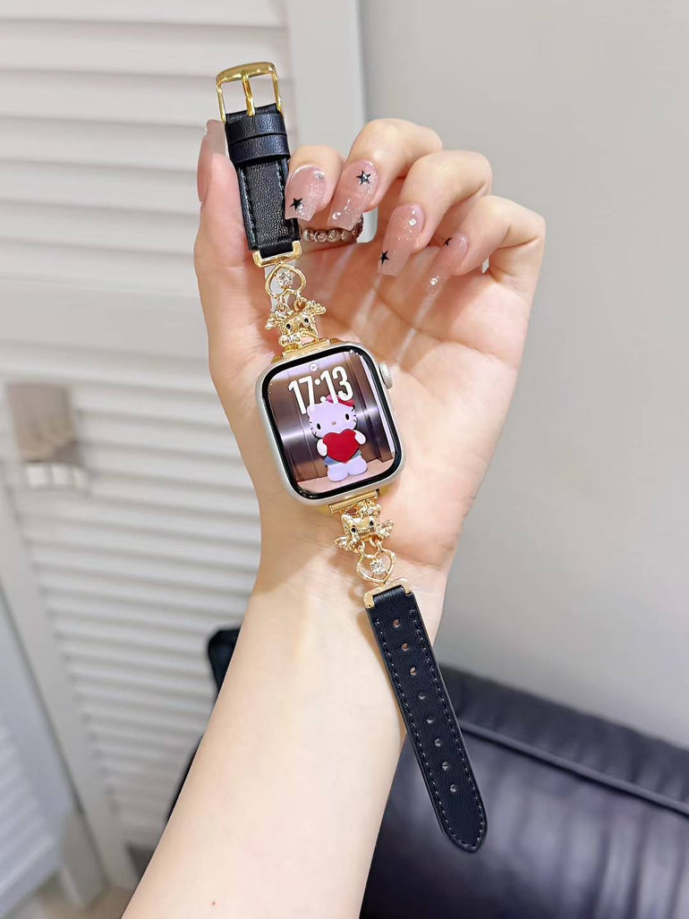 Cream Leather Apple Watch Band with Teddy Bear Charm – Cute