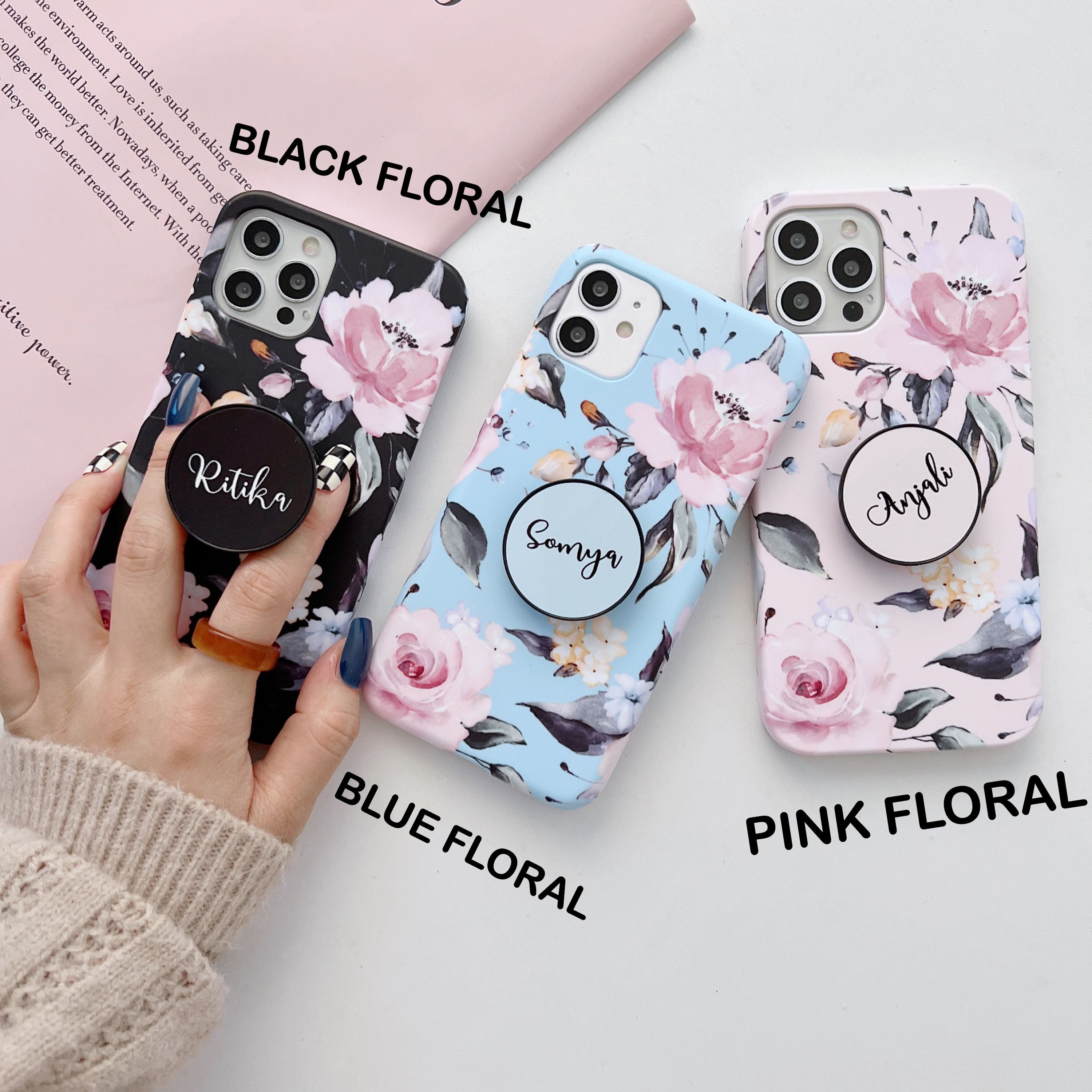 The Floral Threesome Slim Case Cover With Customised Holder - Kalakaar Indiaa