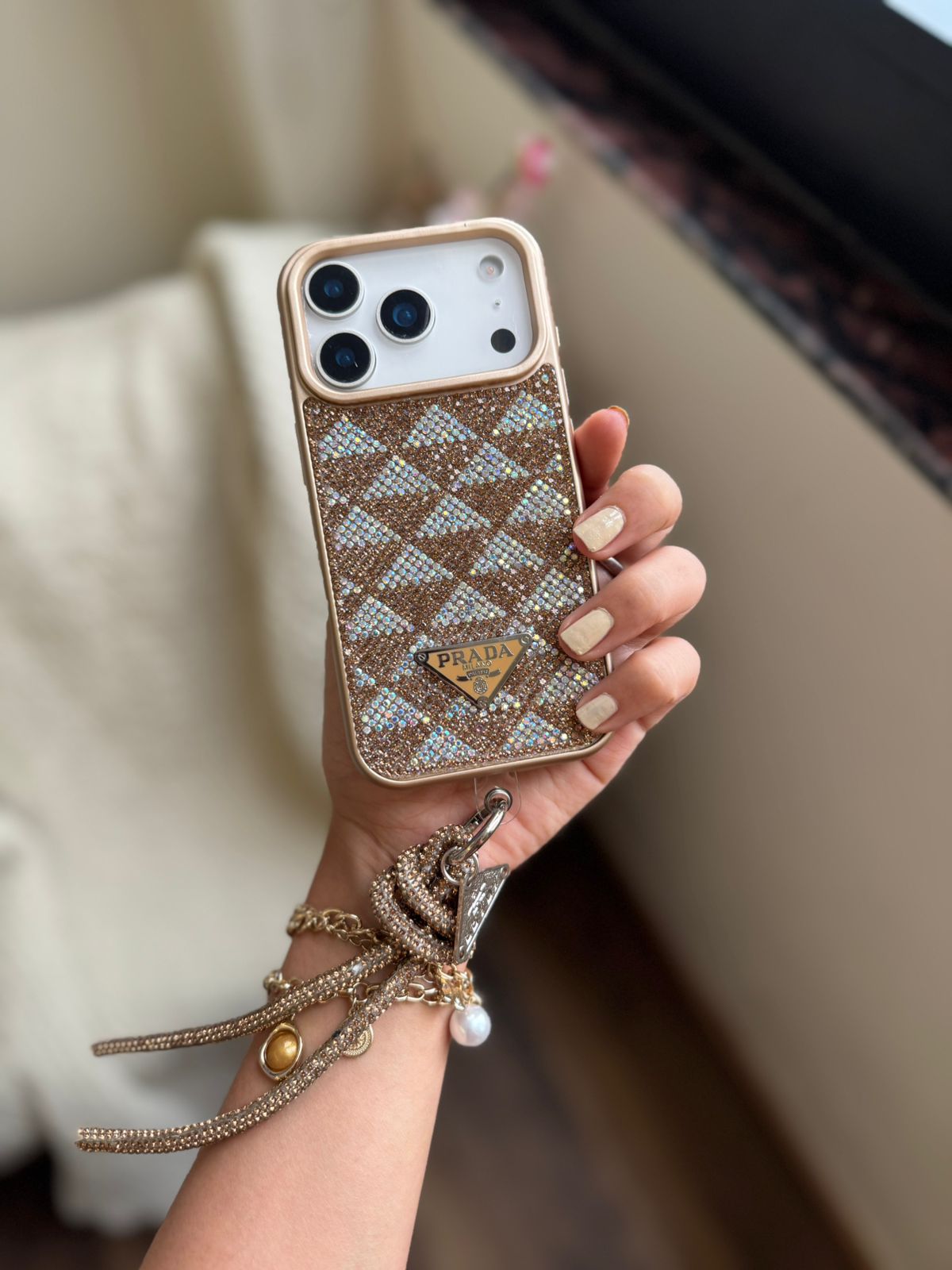 Luxury Diamond Pattern iPhone Case with Wrist Rope Charm – Gold ...