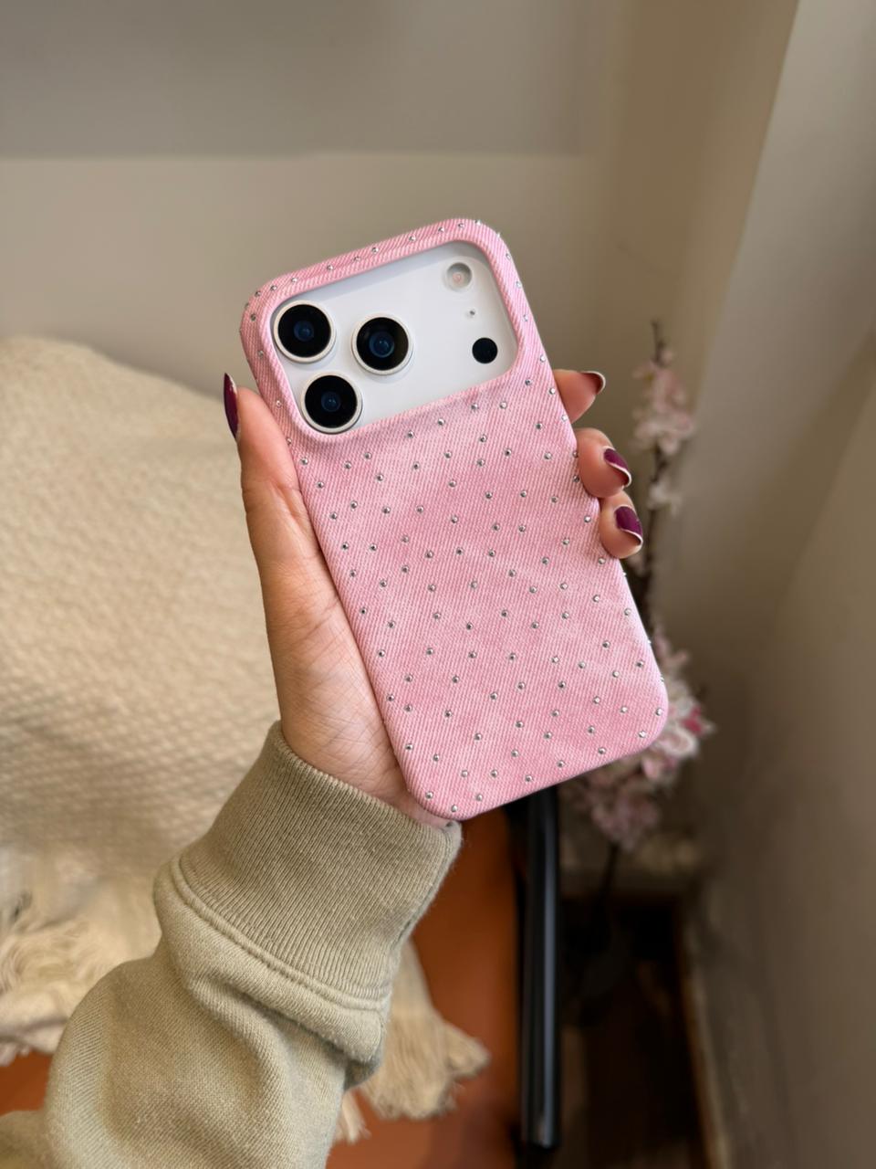 Pink Rhinestone Fabric iPhone Case – Stylish & Protective - Kalakaar Indiaa