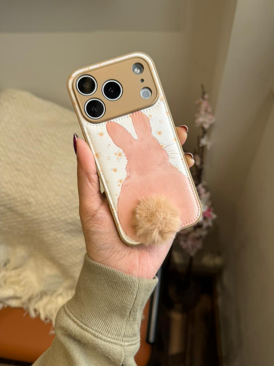 Cute Bunny Fur Tail iPhone Case – Cartoon Design with Pom Pom - Kalakaar Indiaa