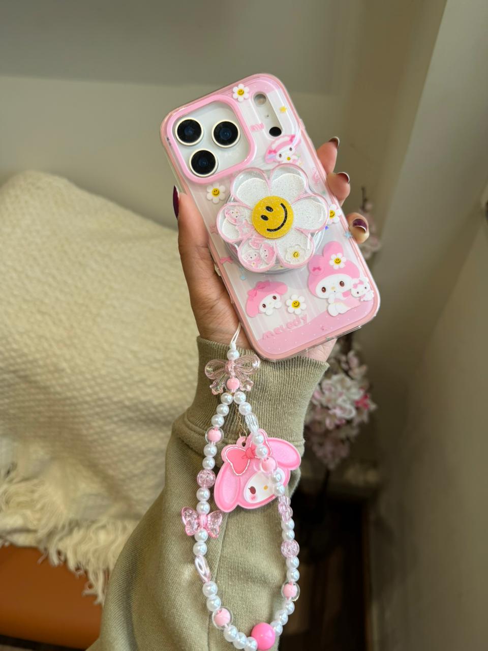 Cute Pink Flower MagSafe Holder iPhone Case with Pearl Strap – Aesthetic Cartoon Design - Kalakaar Indiaa