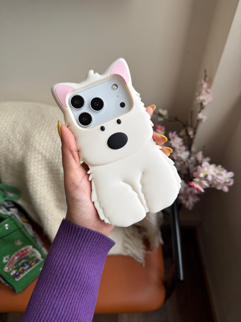 Cute White Puppy 3D iPhone Case – Soft Silicone Cartoon Dog Protective Cover - Kalakaar Indiaa