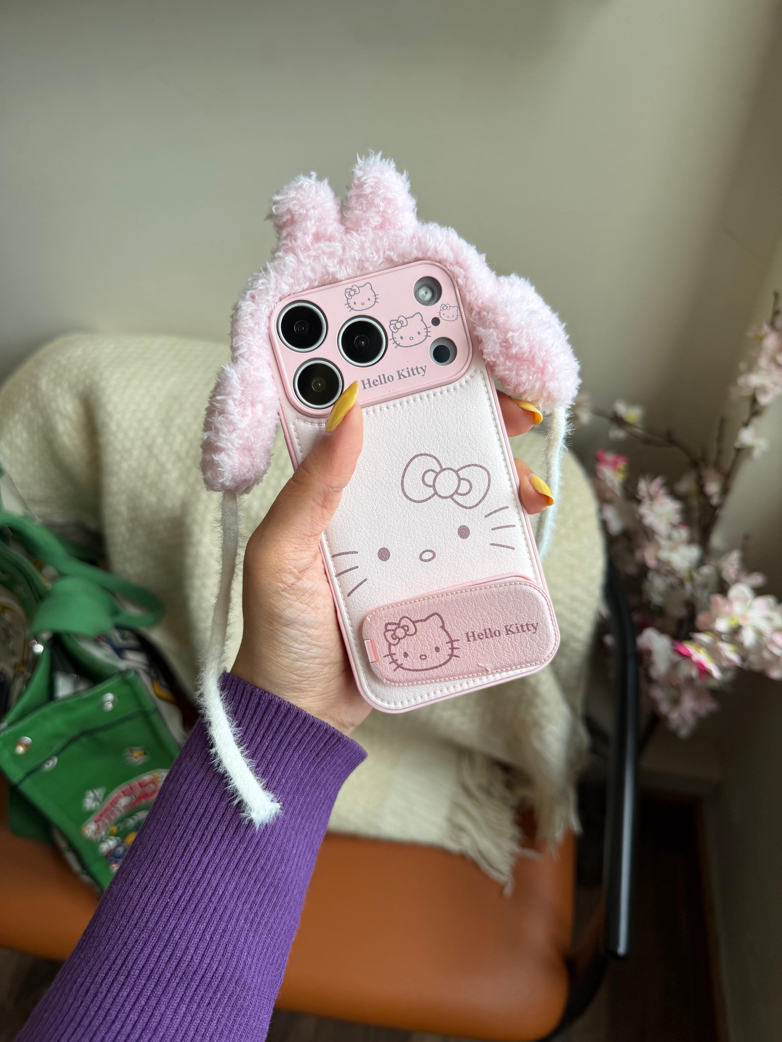 Hello Kitty Plush Bunny Ear iPhone Case – Cute Furry Ear Protective Cover - Kalakaar Indiaa