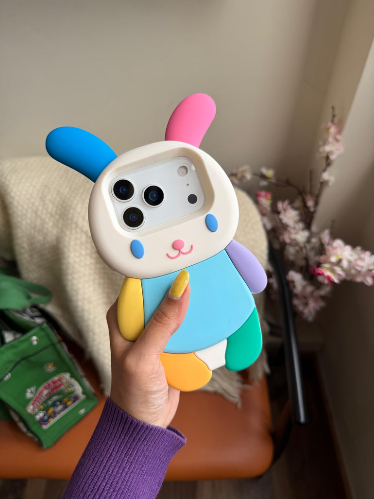 Cute Rainbow Bunny 3D Silicone iPhone Case – Cartoon Protective Cover - Kalakaar Indiaa