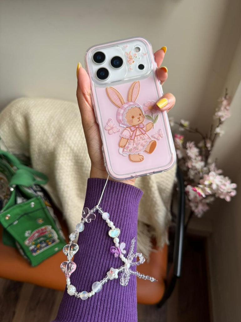 Cute Bunny Pink Matte iPhone Case with Beaded Wrist Strap – Aesthetic Protective Cover - Kalakaar Indiaa