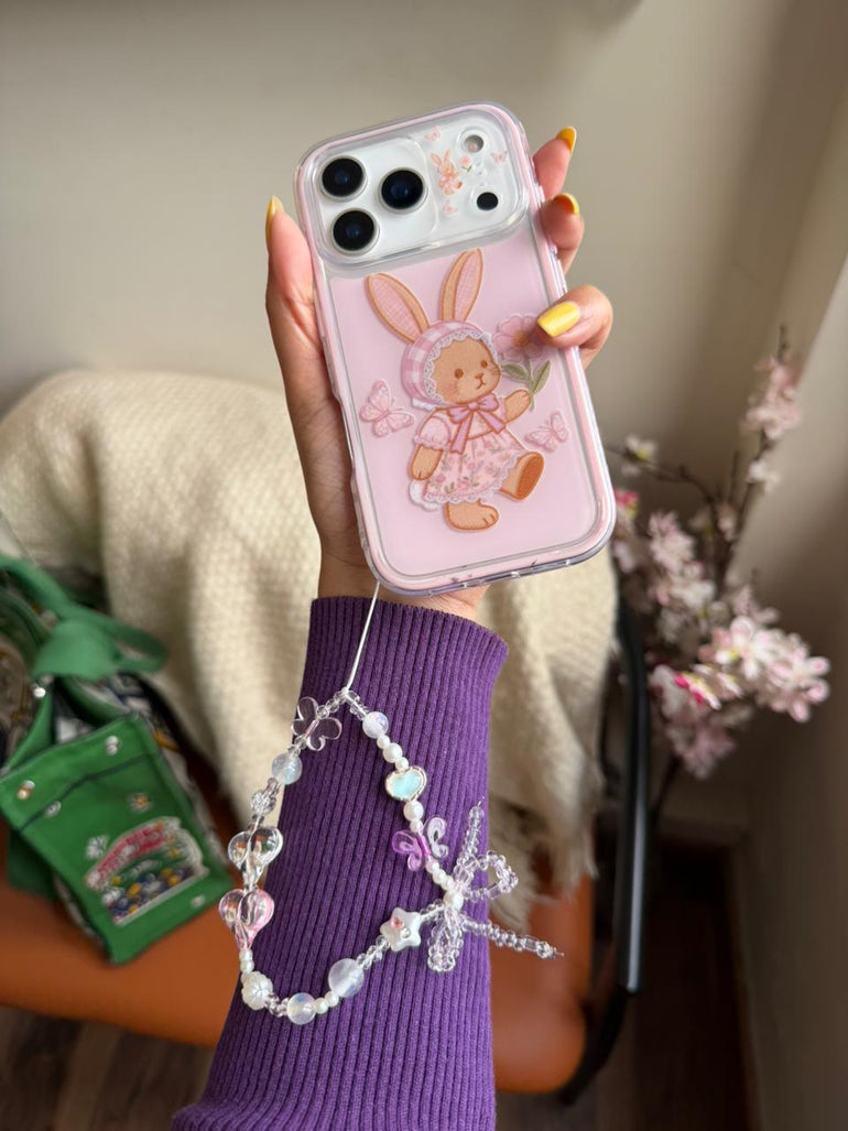 Cute Bunny Pink Matte iPhone Case with Beaded Wrist Strap – Aesthetic Protective Cover - Kalakaar Indiaa