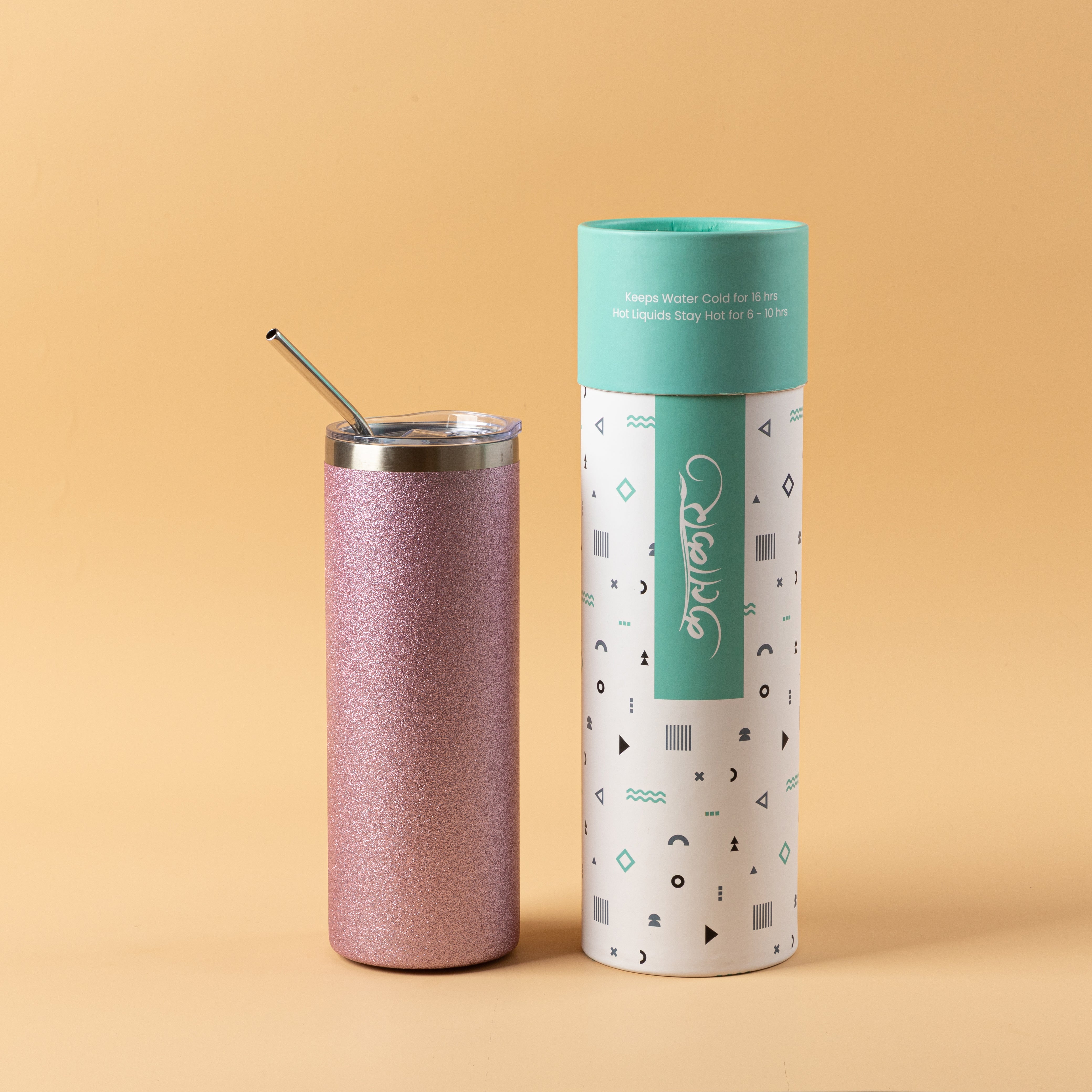 Stainless Steel Designer Water Bottle with Metal Straw ( Glitter Pink ...