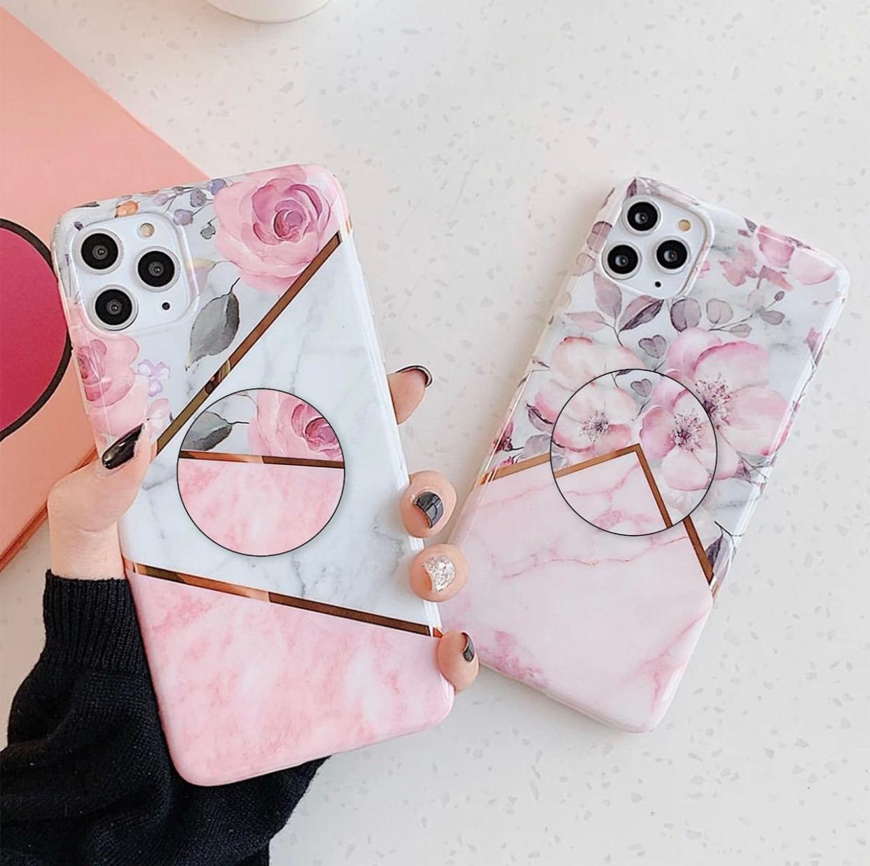 Pink Marble And Floral Slim Case Cover With Holder - Kalakaar Indiaa